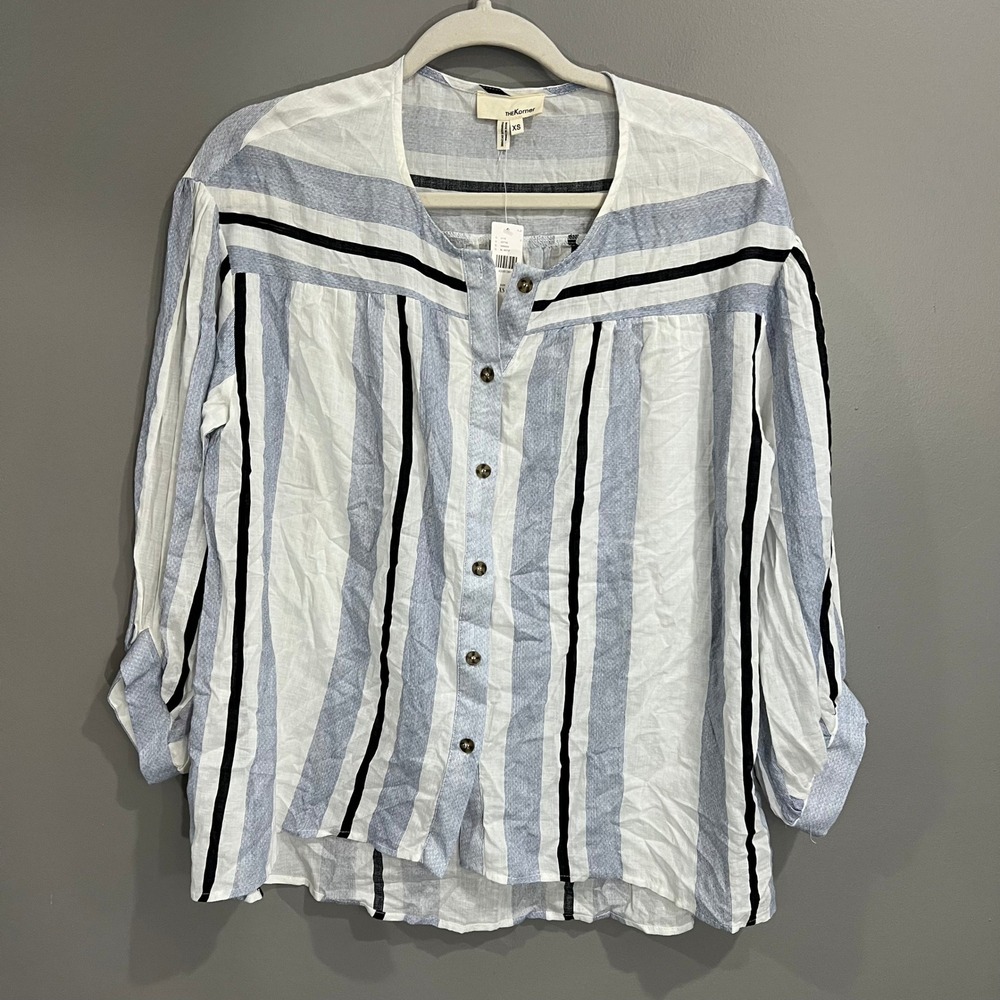 THE KORNER Button Front Blouse Women XS Blue White NWT Striped Anthropologie